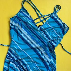Vintage 90s Y2K Sleeveless Blue V-neck Striped Wrap  Dress